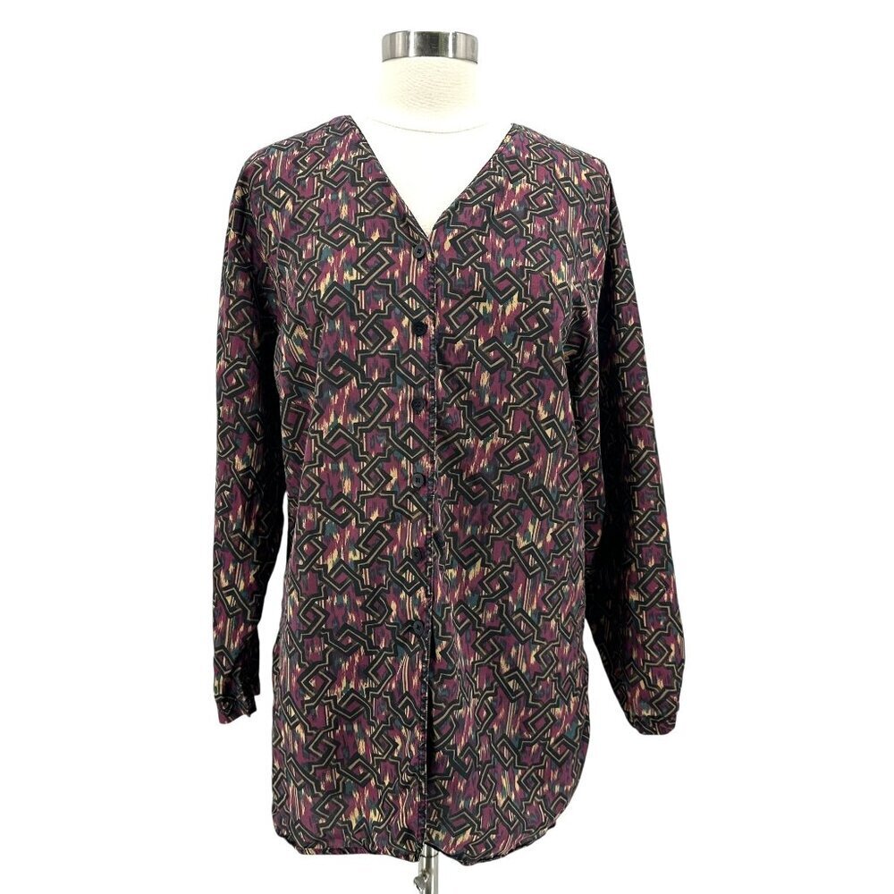 Vintage Anna and Frank Womens Large Top Silk Button Down Multicolor Retro V neck